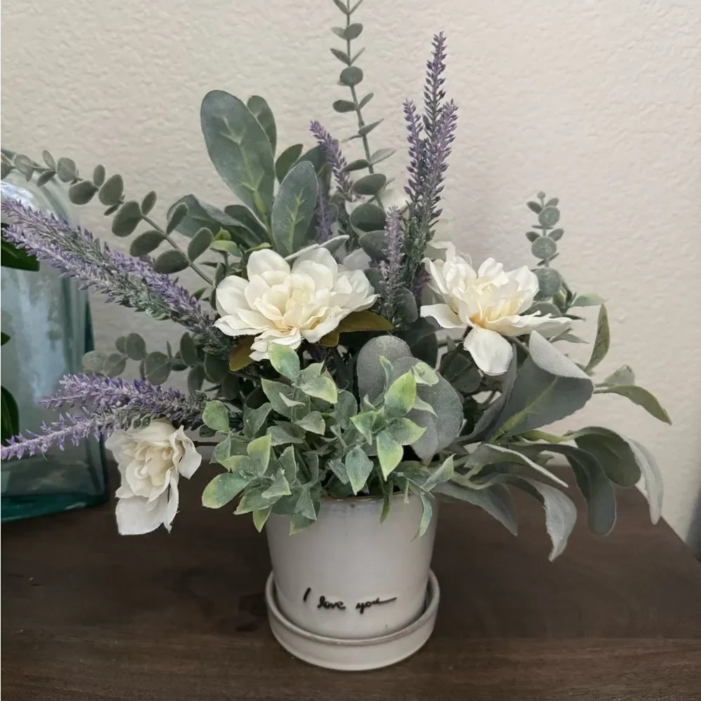 Gray Ceramic Farmhouse Lavender Greenery Planter Floral Arrangement